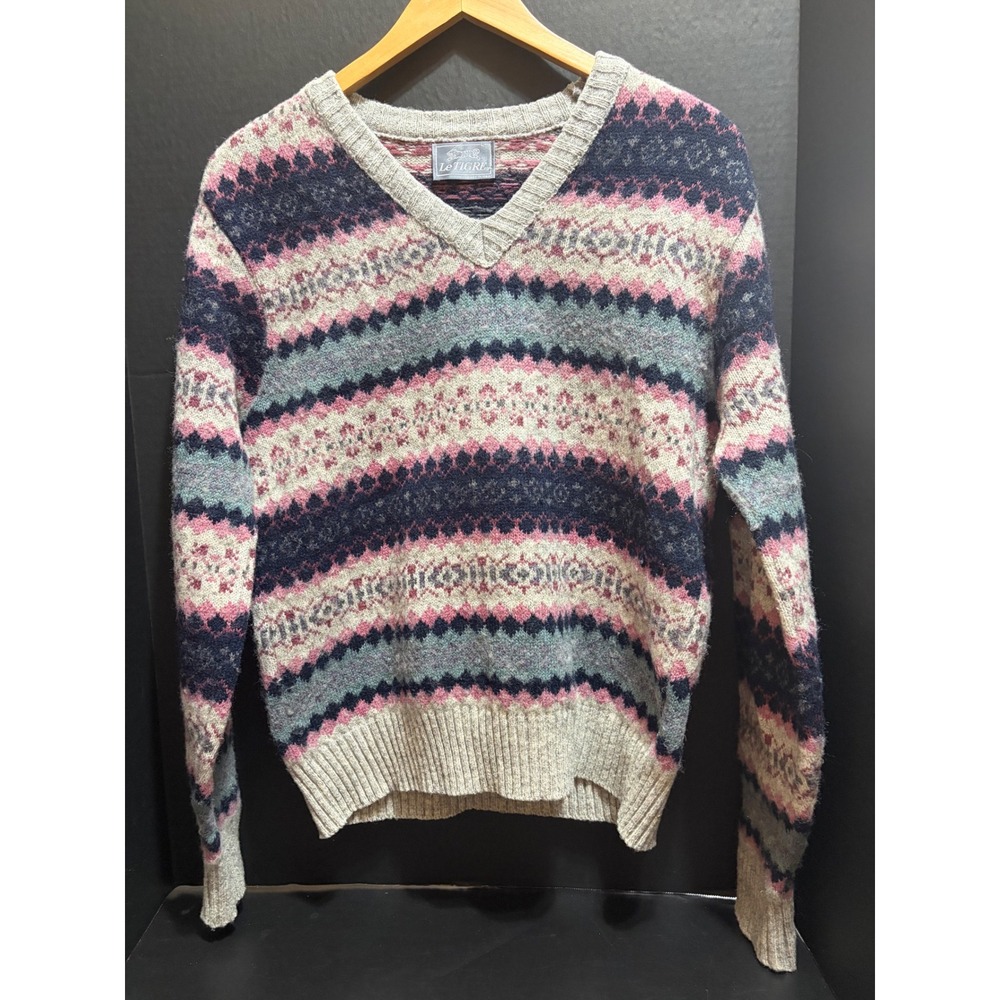 Le Tigre Vintage USA Fair Isle Wool Blend V-Neck Sweater Pink Navy Gray L